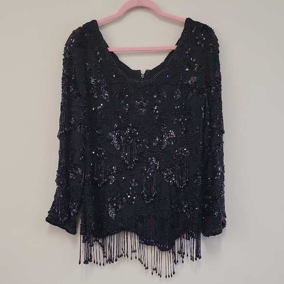 Unique Vintage Black Sequin Fringe Blouse